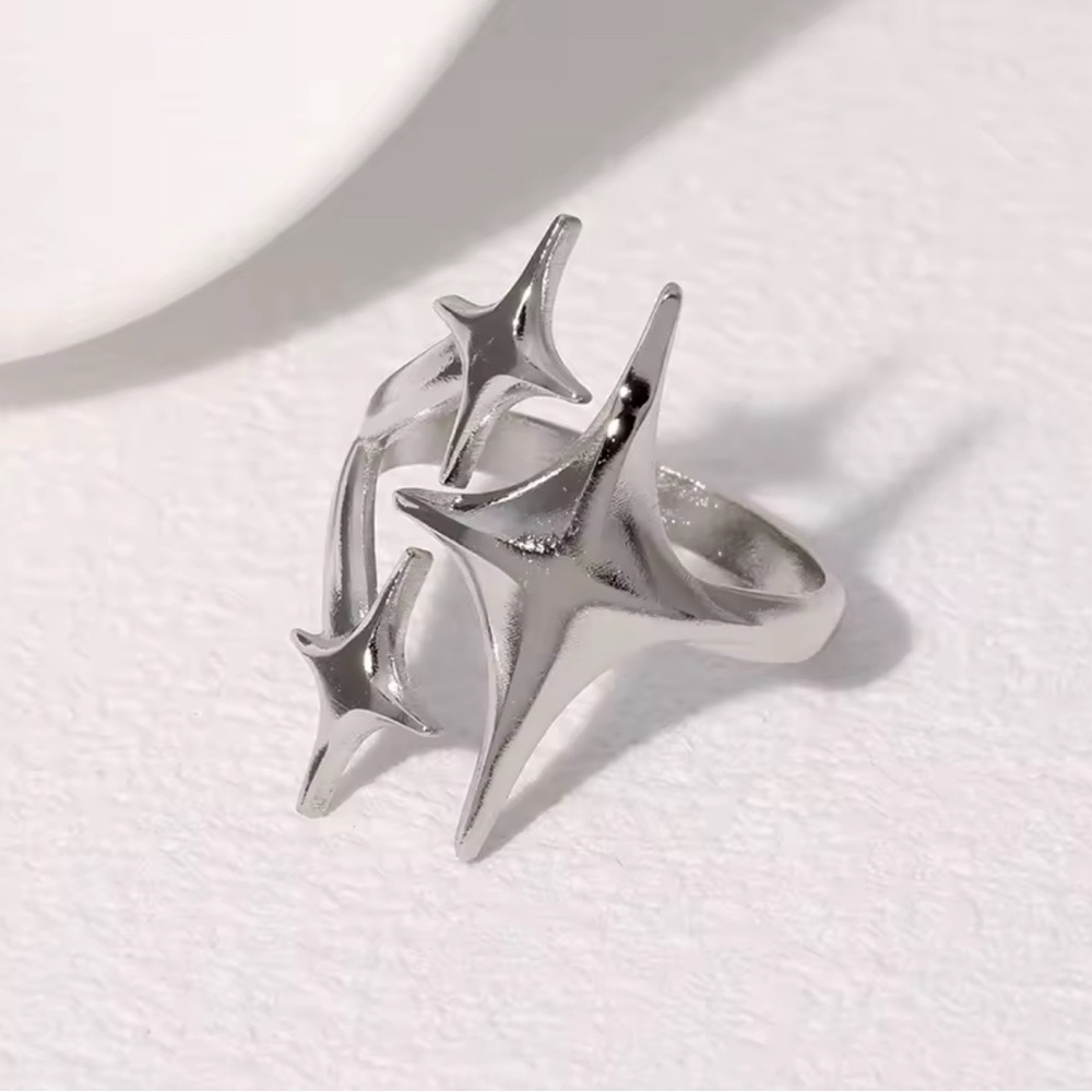 18K White Gold Bohemian Starburst Star Open Ring No Fade Minimalist Adjustable